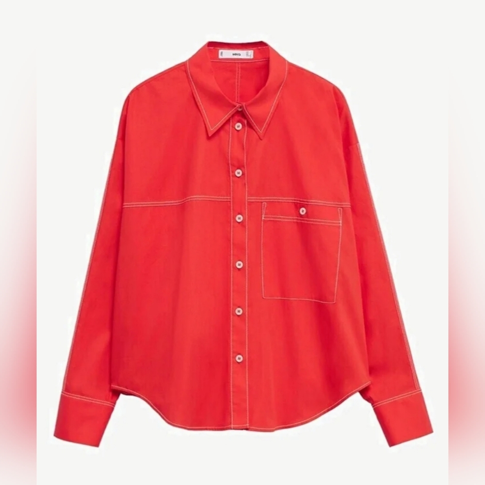 MNG Mango Red Coral Pocket Button Down Blouse Size XS
